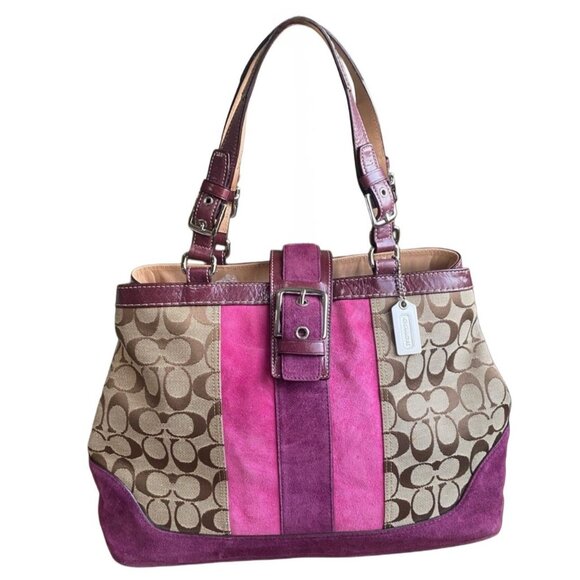 Vtg Coach Colorblock Beige/Purple Signature Canvas Demi Striped Tote, Suede Trim - Picture 1 of 7
